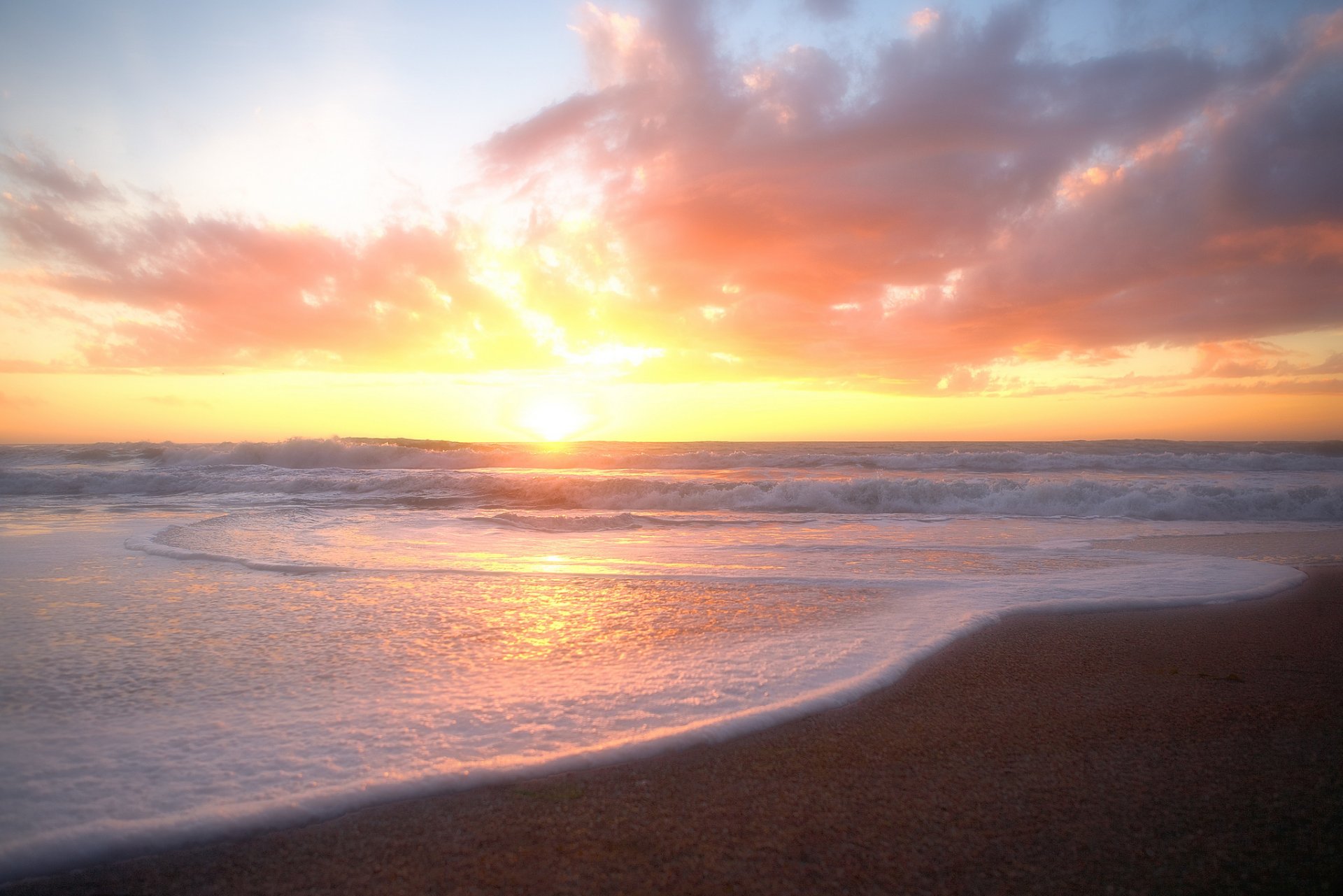 strand meer wellen sonne wolken rosa dämmerung