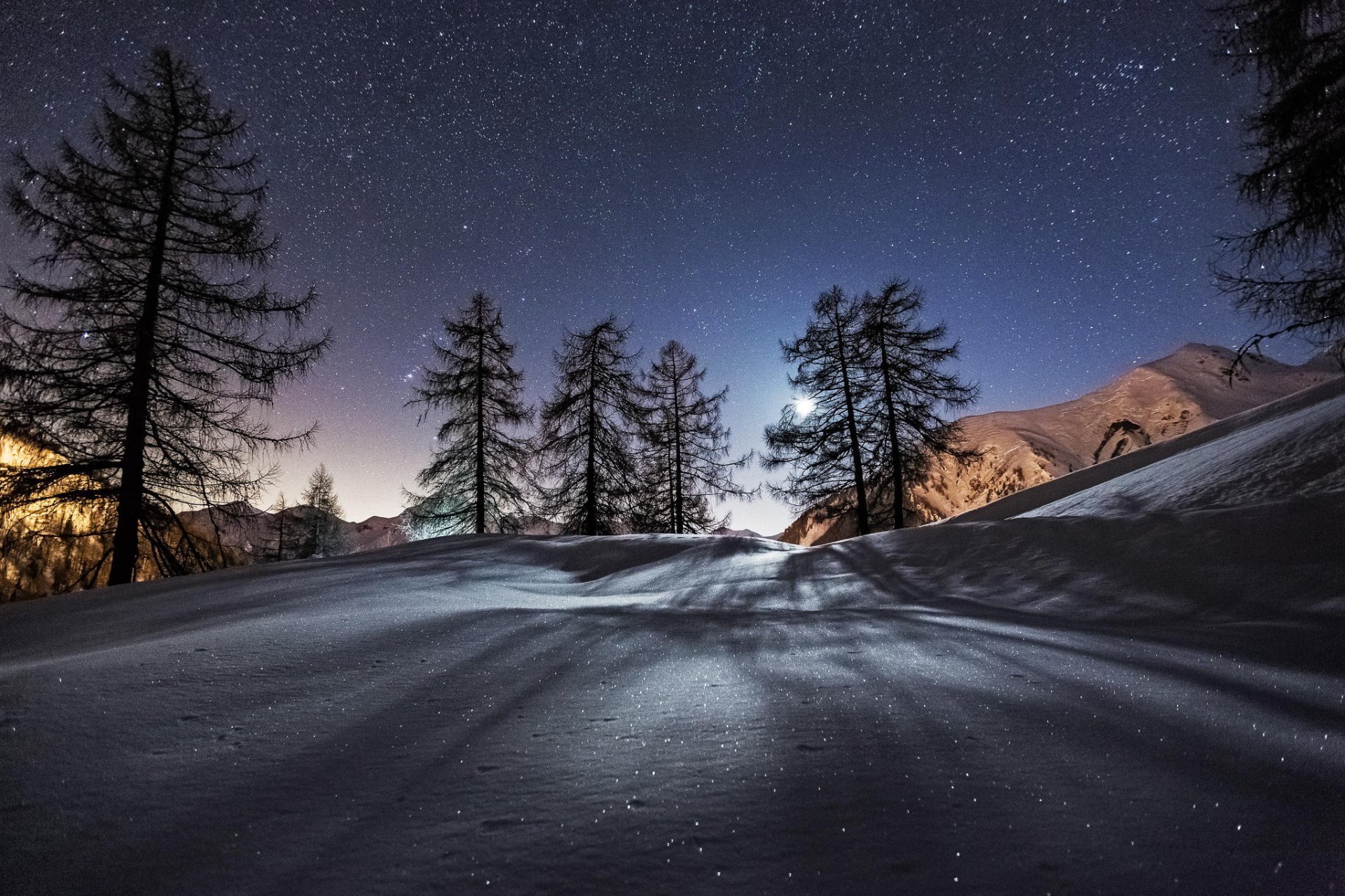 winter snow mountain tree night star