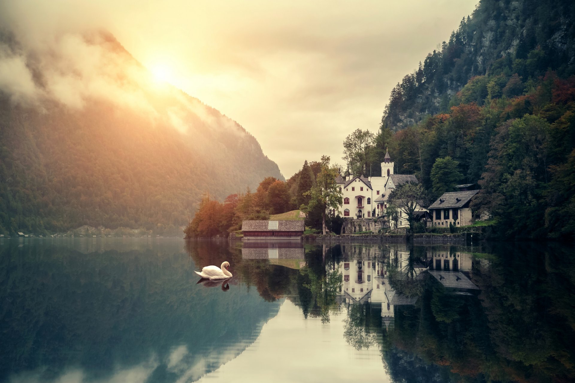 berge see häuser schwäne wald natur