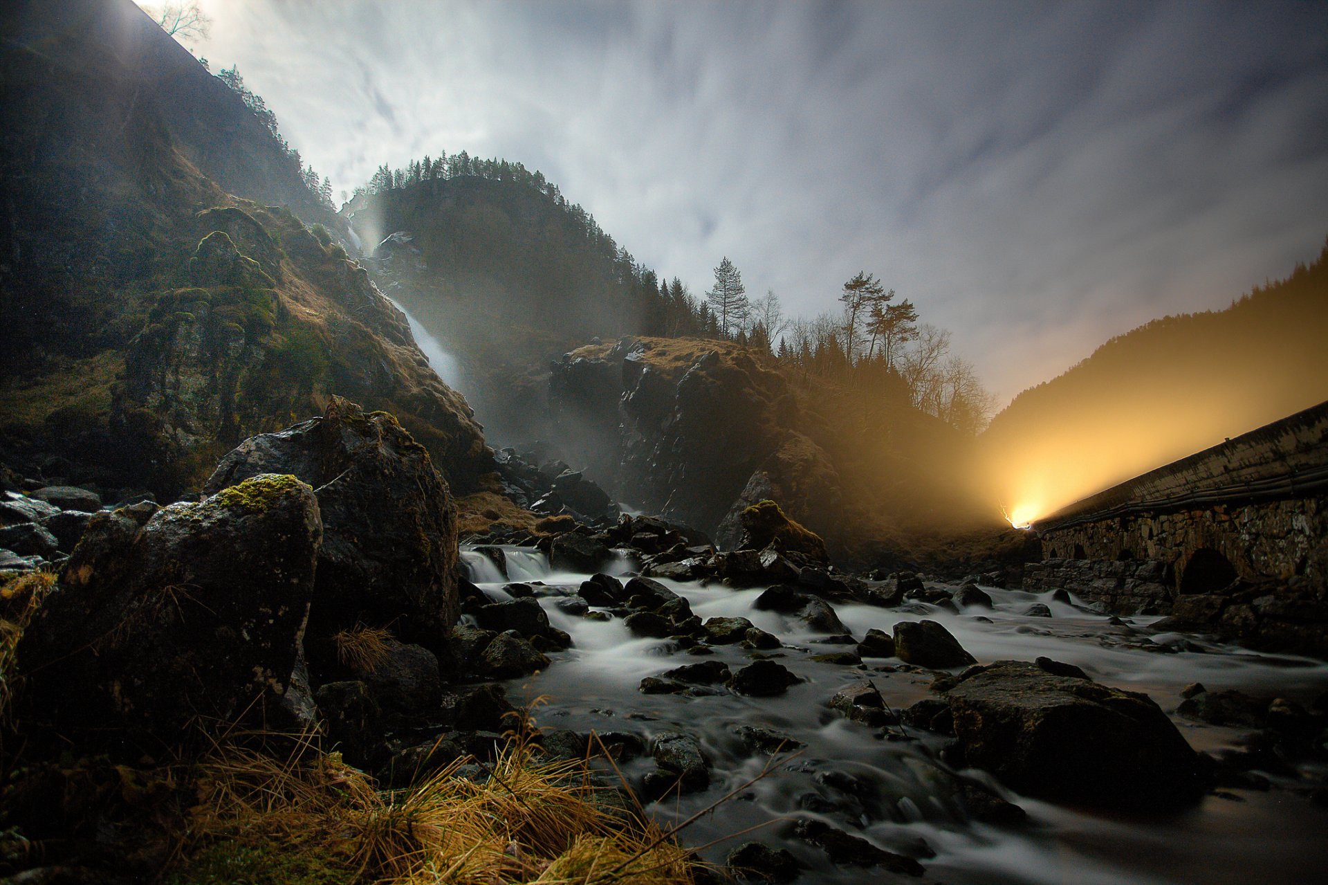 nature night moonlight road forest stones river flow