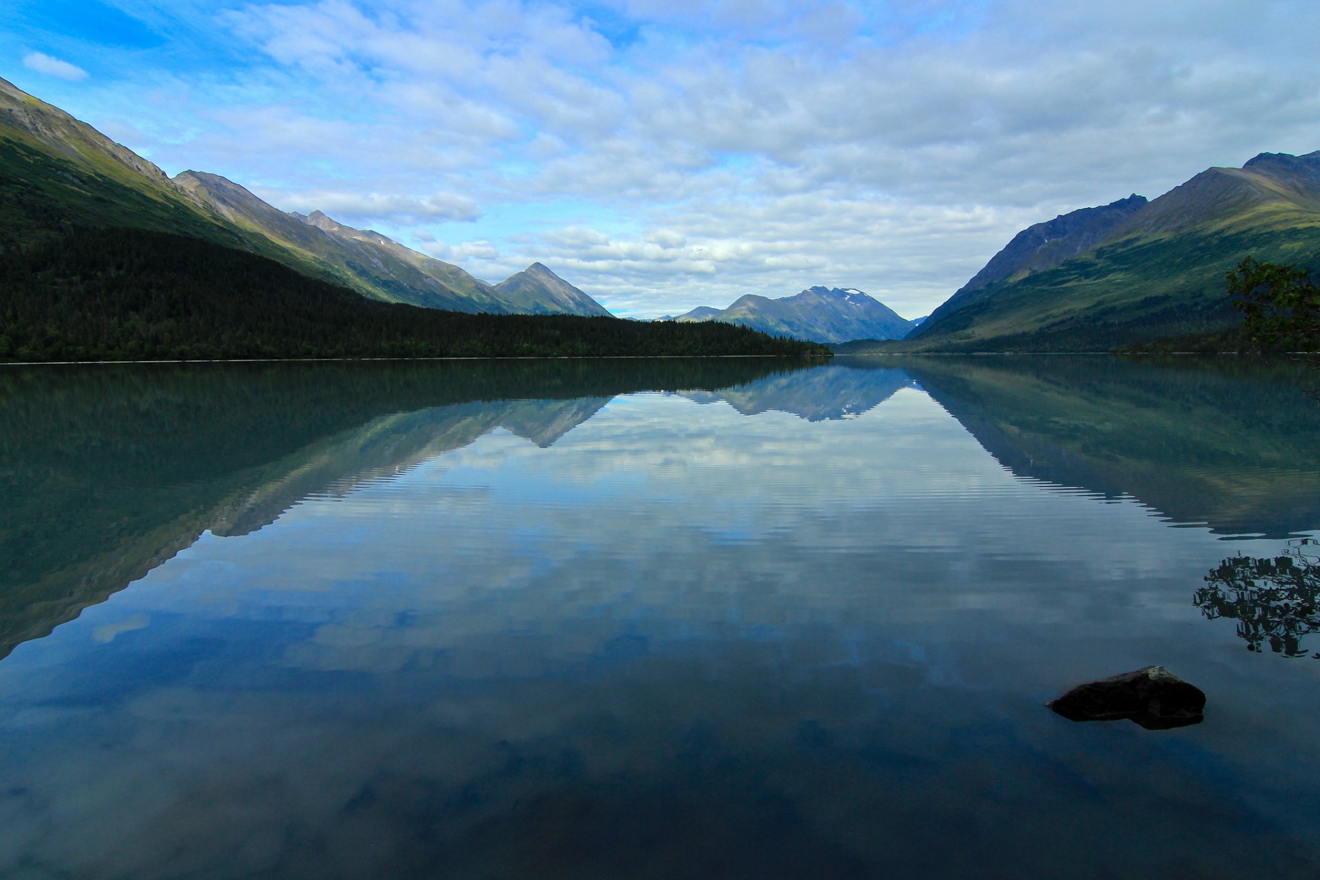 mountain forest lake clouds reflection