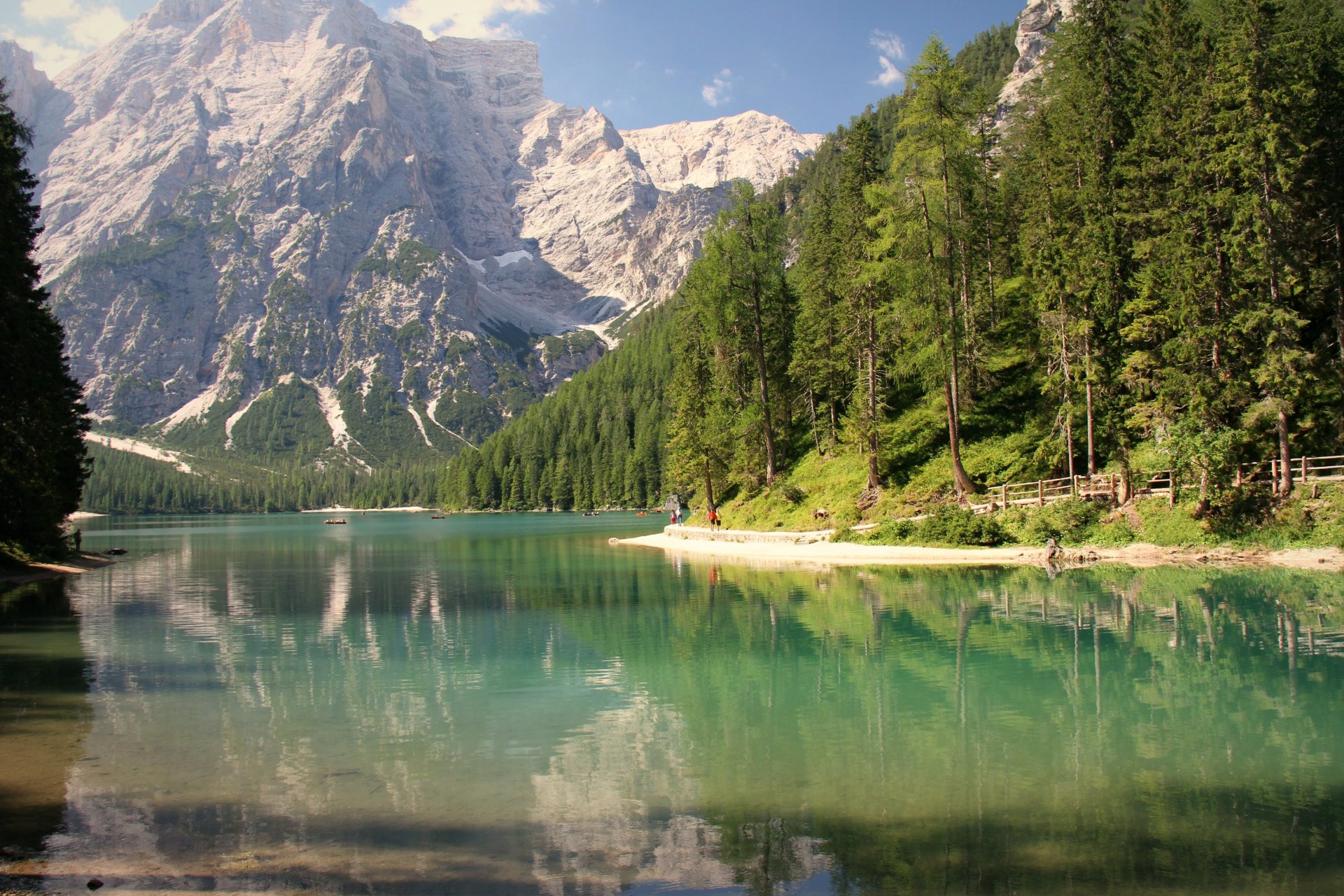 mountain alps lake boat beach forest tree reflection