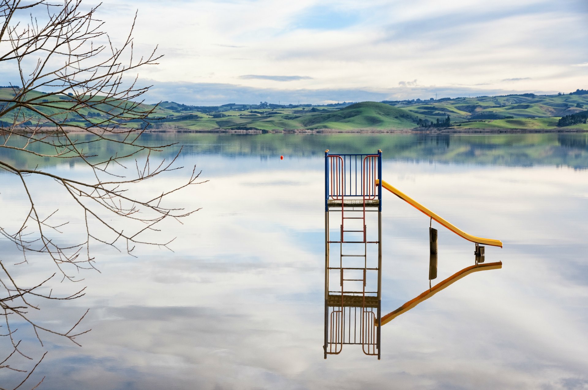 new zealand lake beach tree branches nature hills green sky clouds reflection