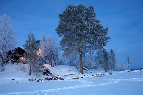 Paesaggio serale invernale con casa