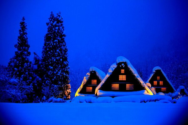 Casas cubiertas de nieve en el bosque de invierno