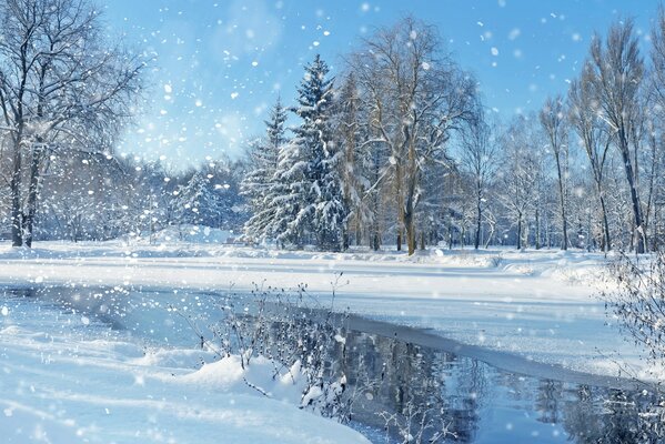 Landscape of winter sky and lake