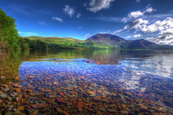 Paisaje de montaña en el fondo de un lago transparente