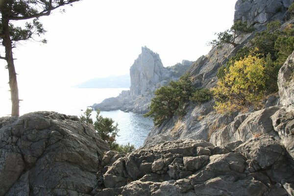 Montañas en Crimea en la orilla del mar