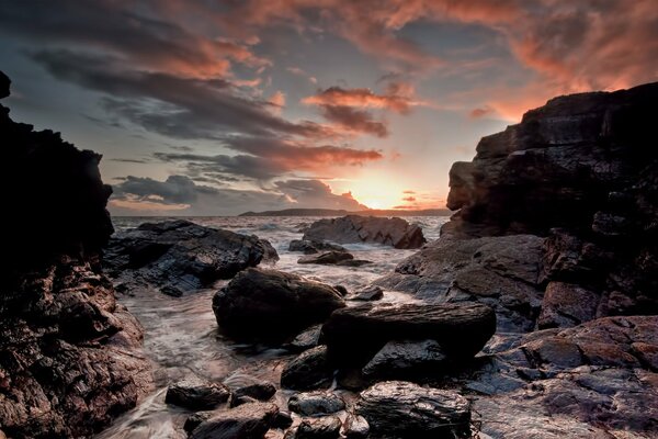 Beautiful sea on the background of dark clouds