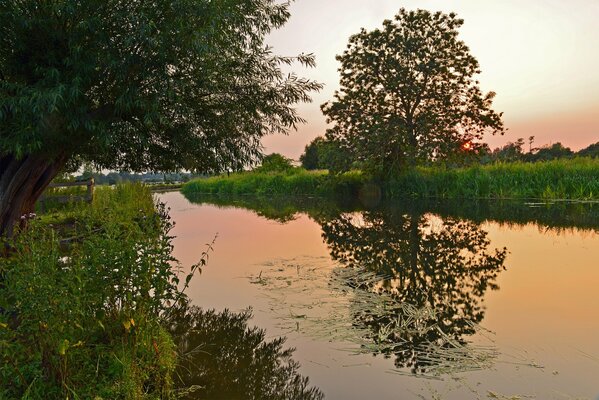 Reflejo de la puesta de sol en el lago. Embalse en el parque