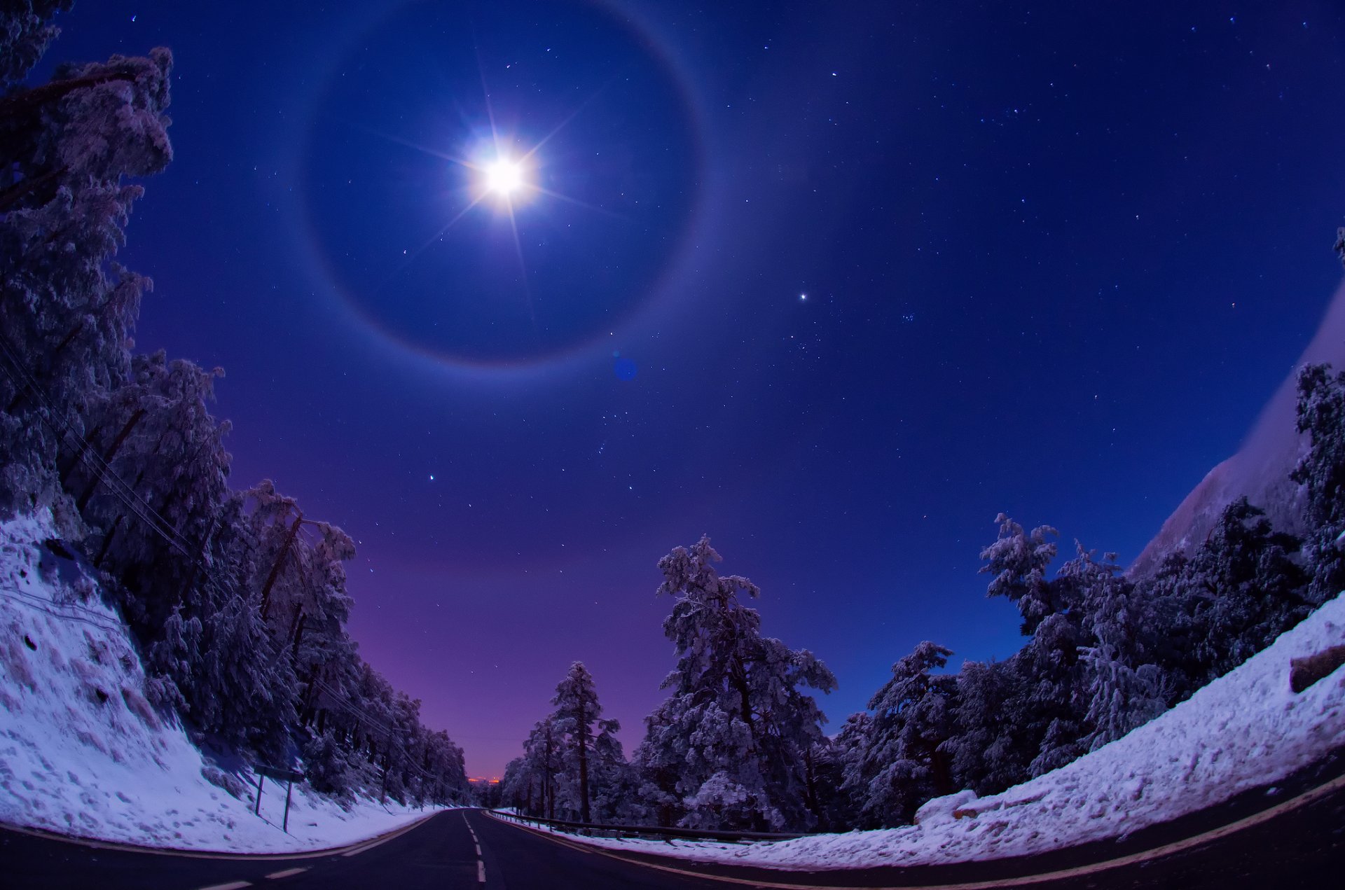 nature hiver nuit ciel lune lumière étoiles route forêt neige