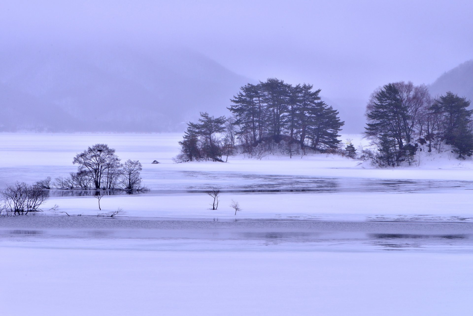 montagnes lac îlots arbres neige glace brouillard hiver