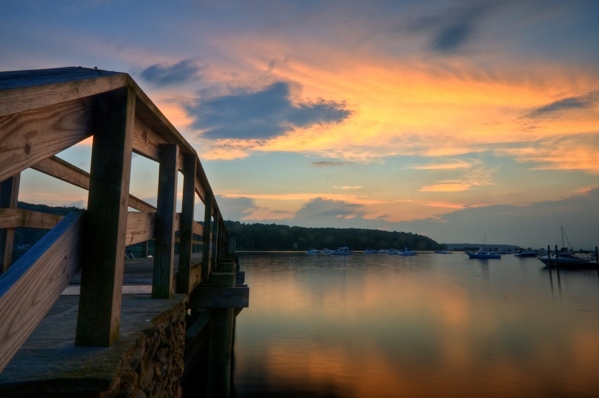 nature sea water bridge fence tree boards ships ship trees foliage sky clouds background wallpaper widescreen fullscreen widescreen widescreen