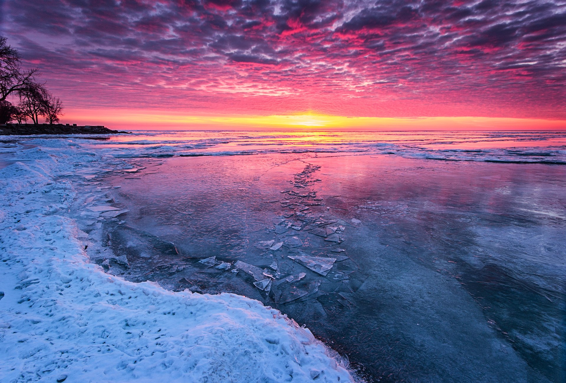 puesta de sol invierno lago hielo frío