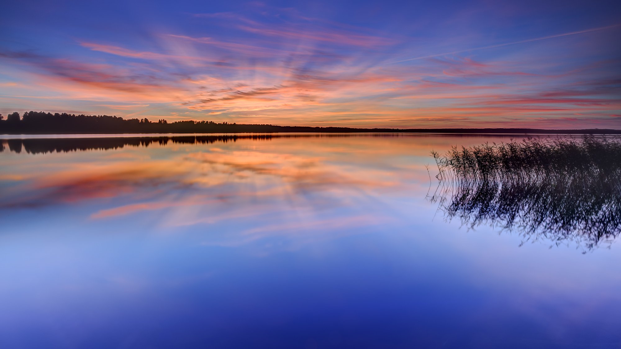 svezia karlstad lago acqua superficie liscia erba alberi foresta sera arancione tramonto blu cielo nuvole riflessione