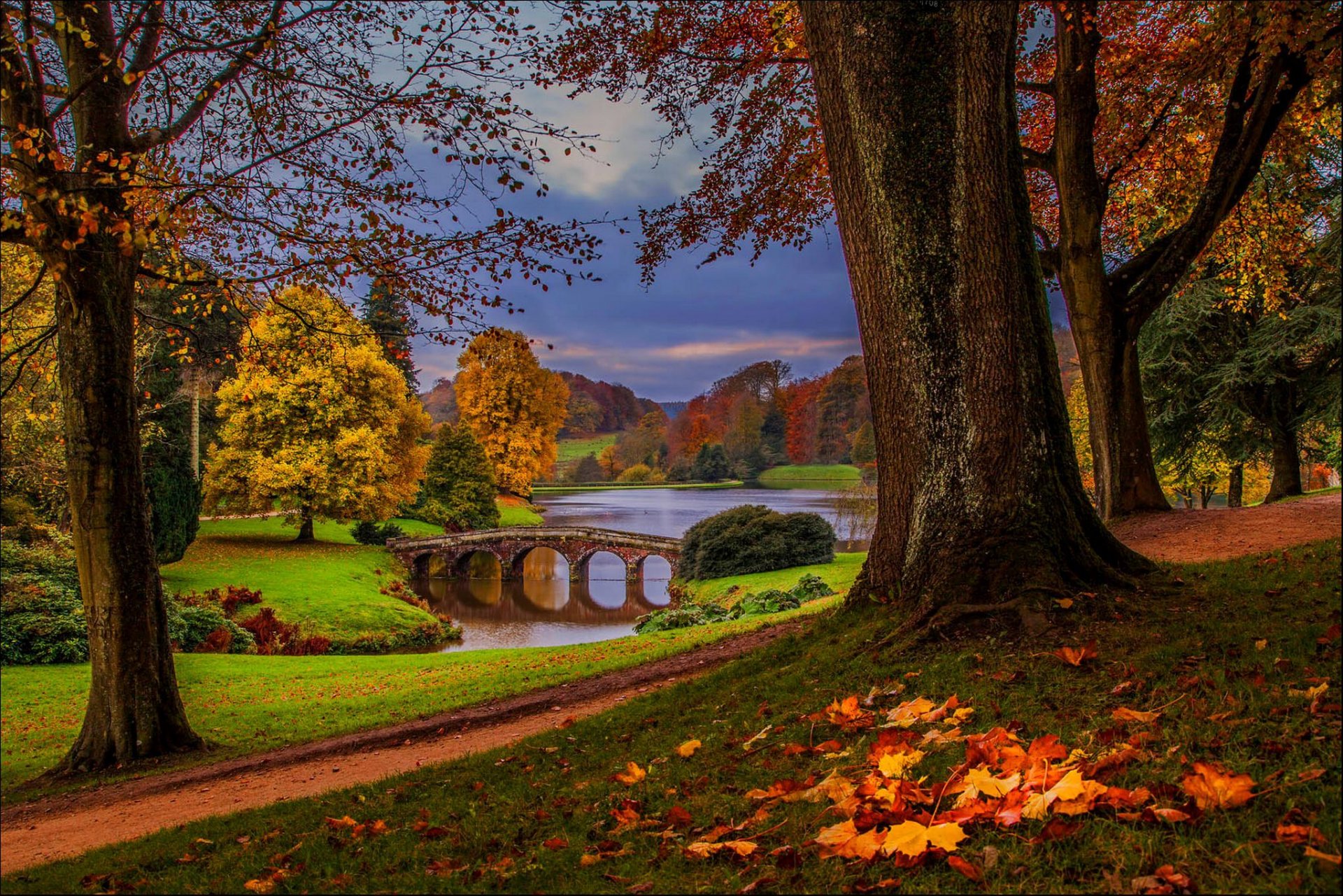 leaves park alley trees forest autumn walk hdr nature river water sky view fall view