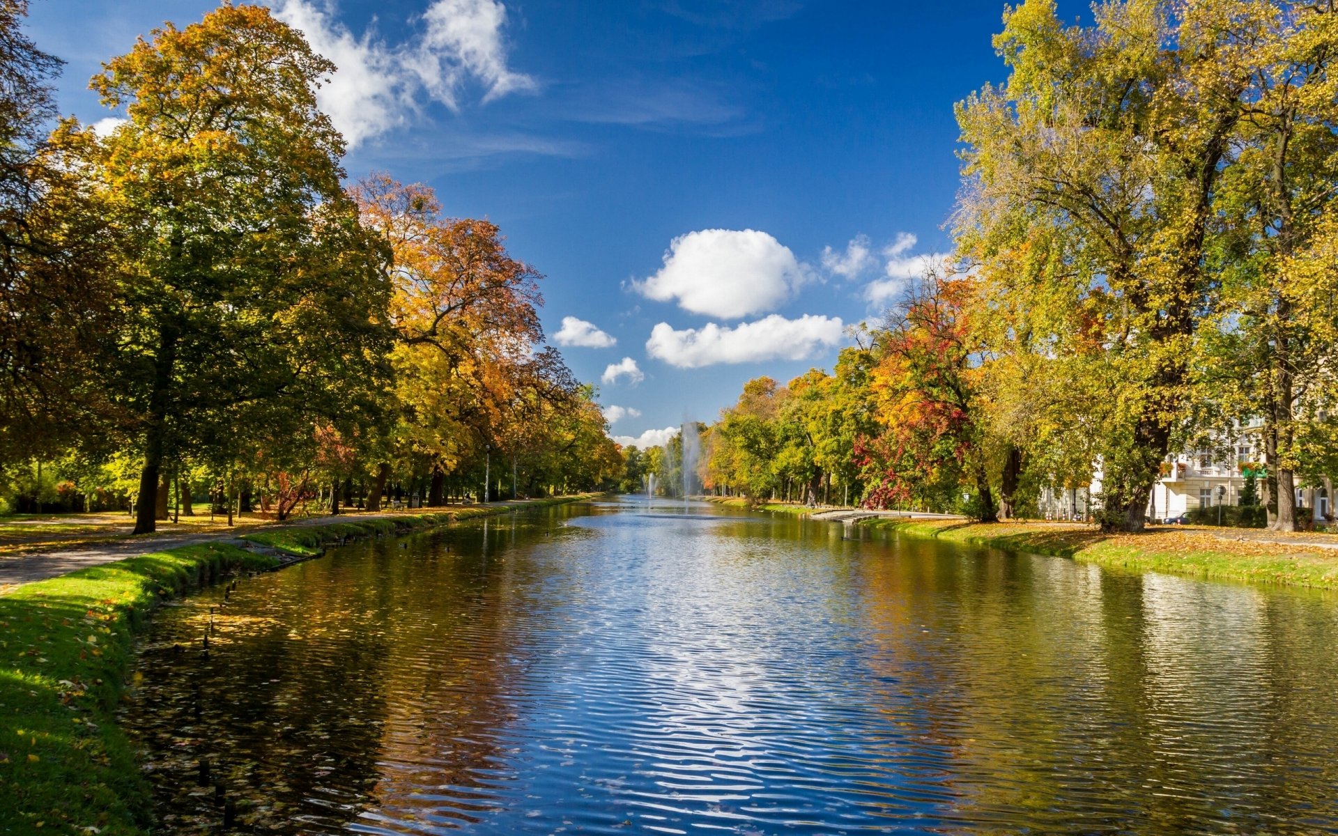 drzewa aleja rzeka fontanny jesień park