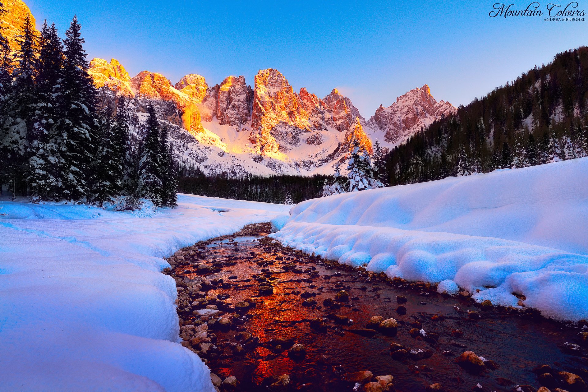 dolomiten berge gipfel licht himmel wald fluss schnee