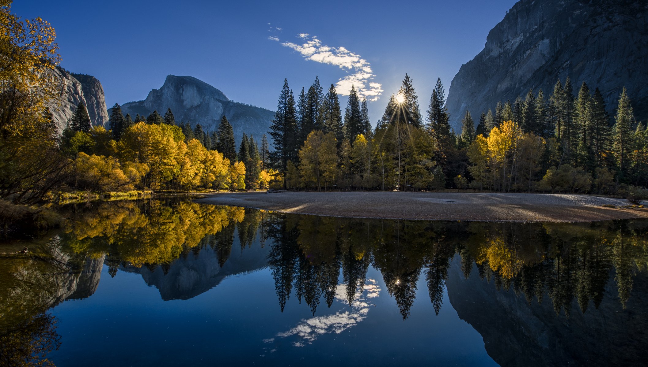 kalifornien yosemite nationalpark berge wald see herbst morgen sonnenaufgang