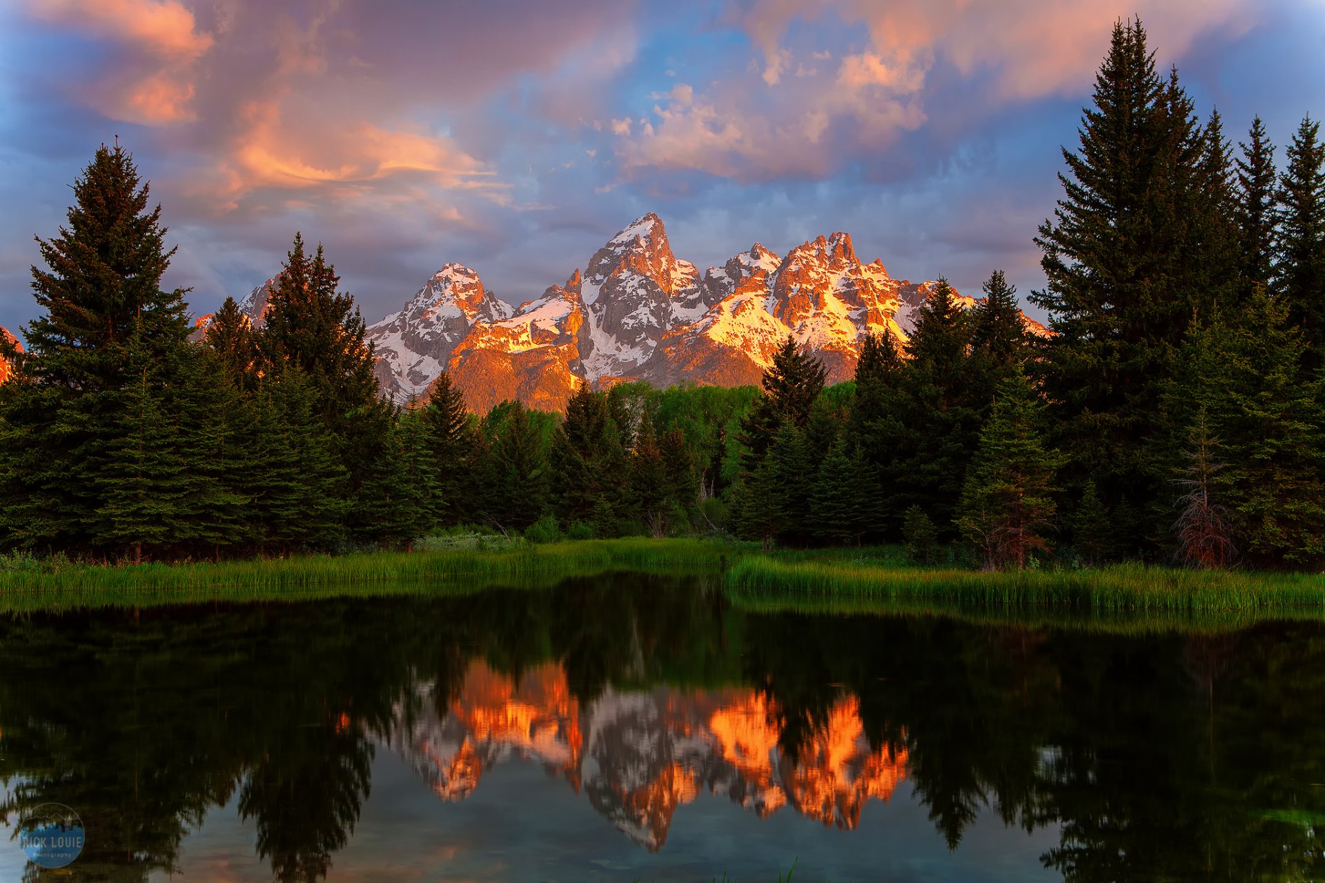 natura usa wyoming park narodowy grand teton snake river schwabachers lądowania las góry odbicia wieczór zachód słońca światło szczyty niebo chmury