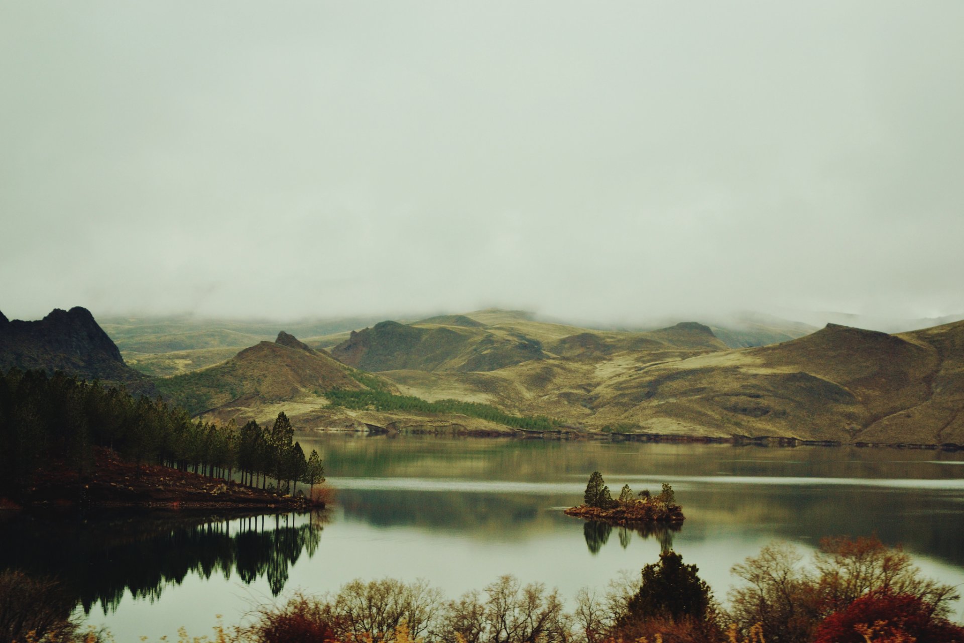 montañas niebla lago árboles islote