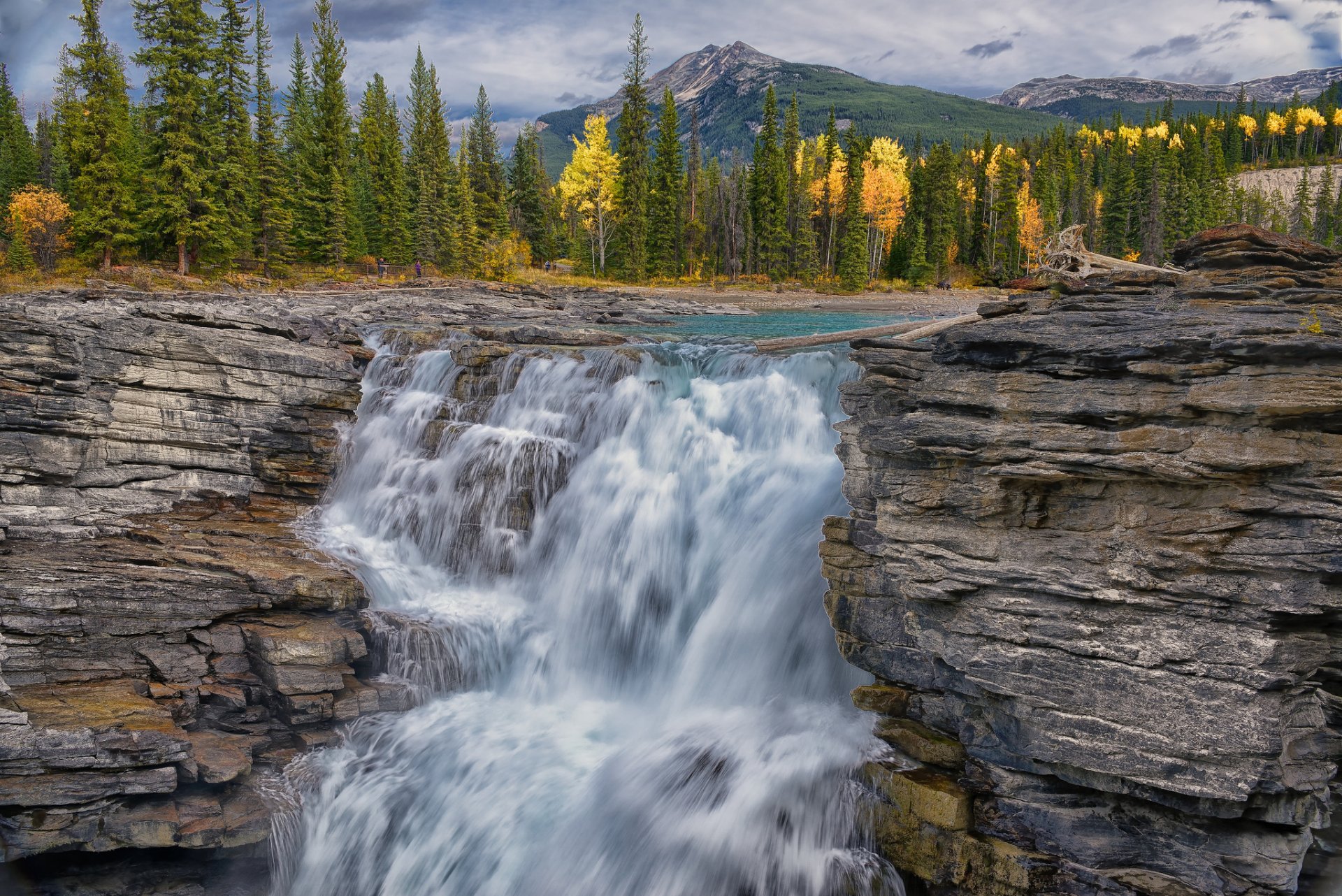 mountain forest river waterfall autumn