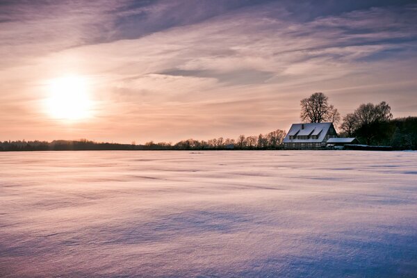 Wintermorgen am Rande des Dorfes