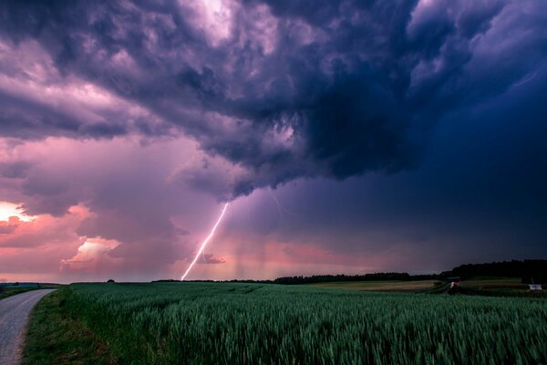 A thunderstorm in the sky over a green field