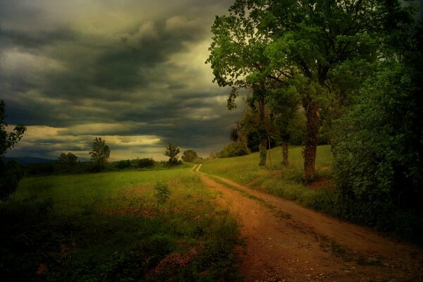 Landscape with a road and big clouds