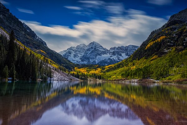 In the reflection of the lake forest and mountains