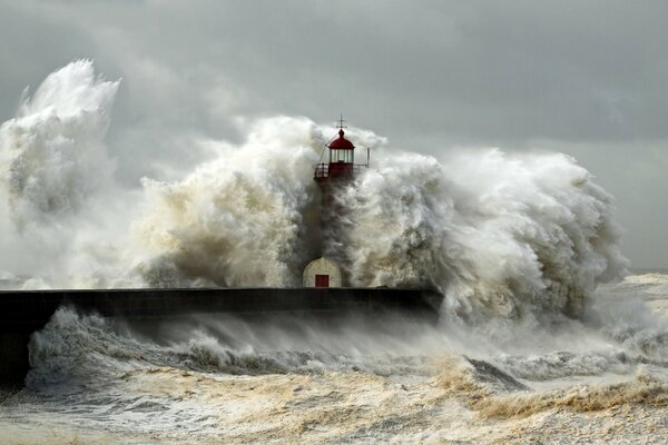 Strong storm waves drown the lighthouse