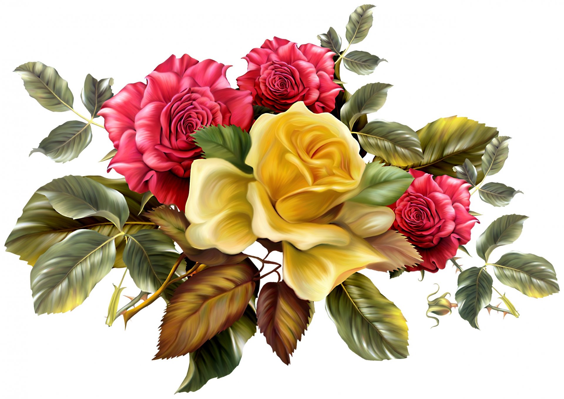 flower bouquet roses red yellow studs leaves background