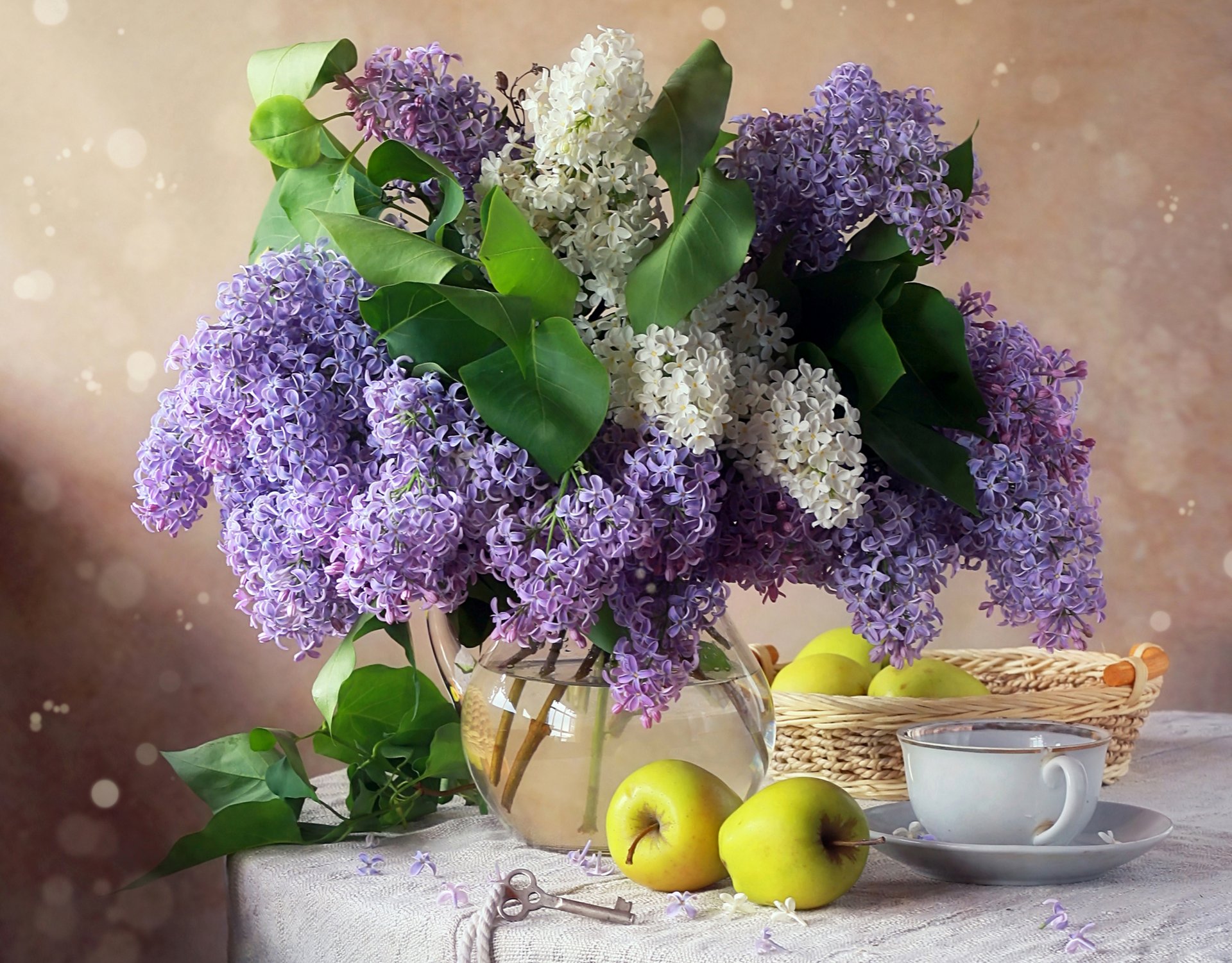 natura morta lilla mele tazza fiori foto