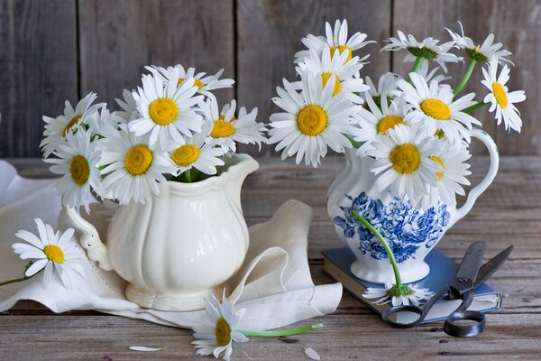 Stillleben mit Gänseblümchen in einem Krug, einer Schere und einem Tuch