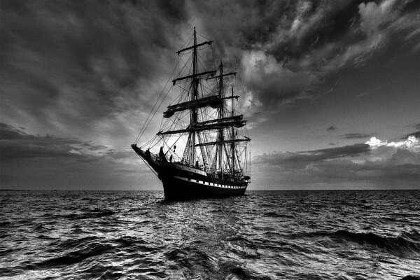 A ship in a spontaneous and stormy sea