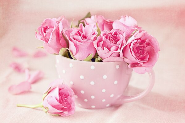 Bouquet de roses dans une tasse rose