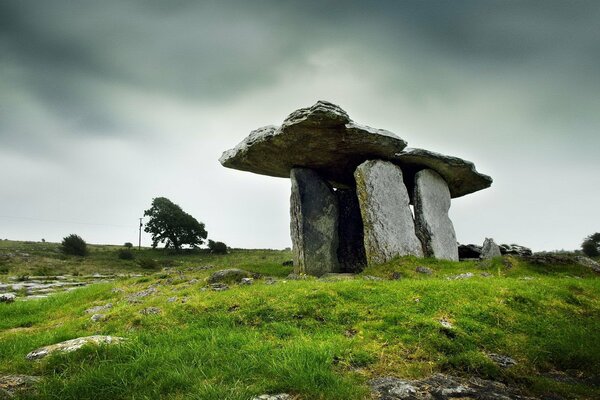 Stone building on a green field