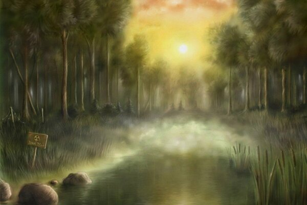 Dibujo puesta de sol sobre un pantano en el bosque