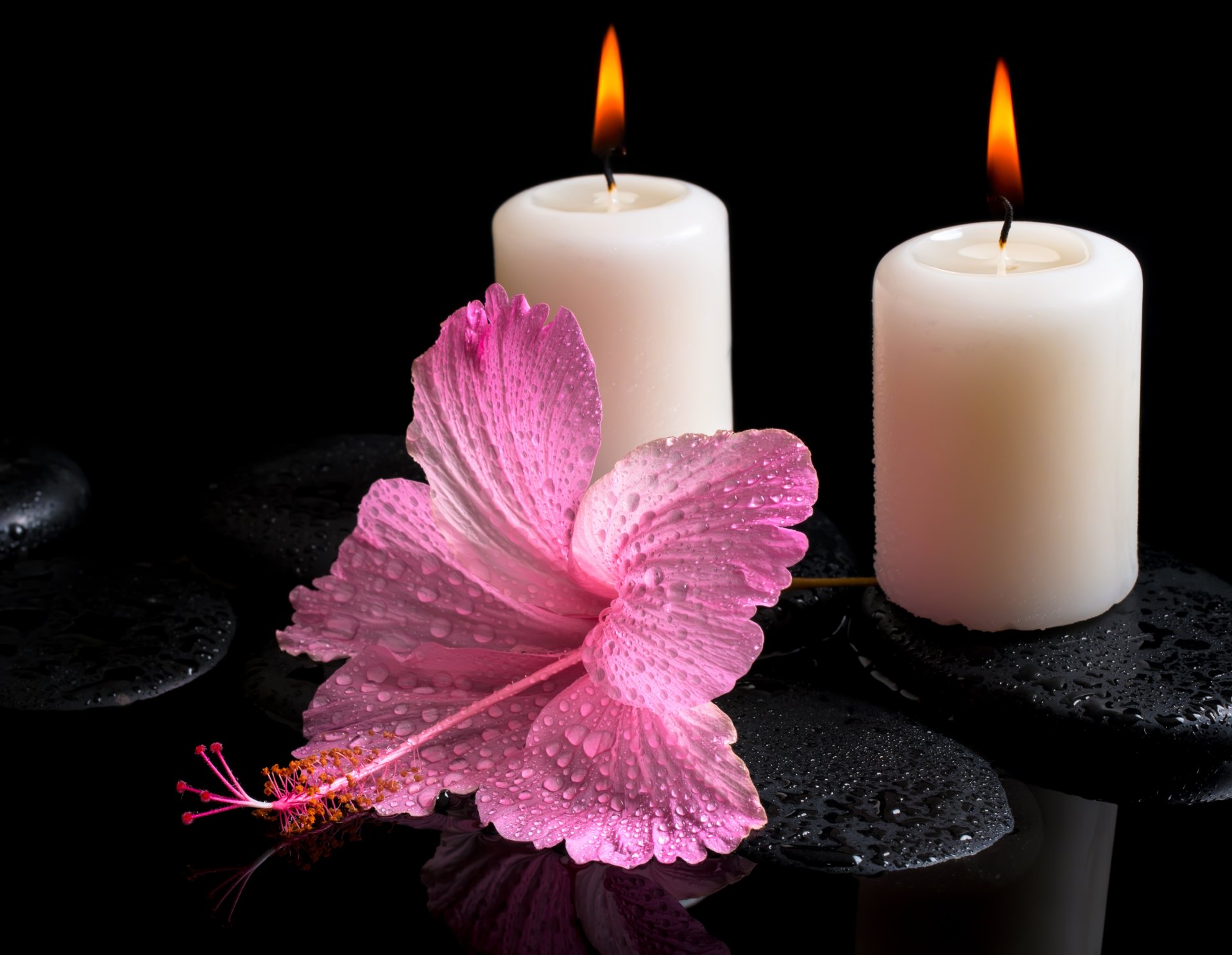 wasser tropfen spa steine kerzen blume hibiskus