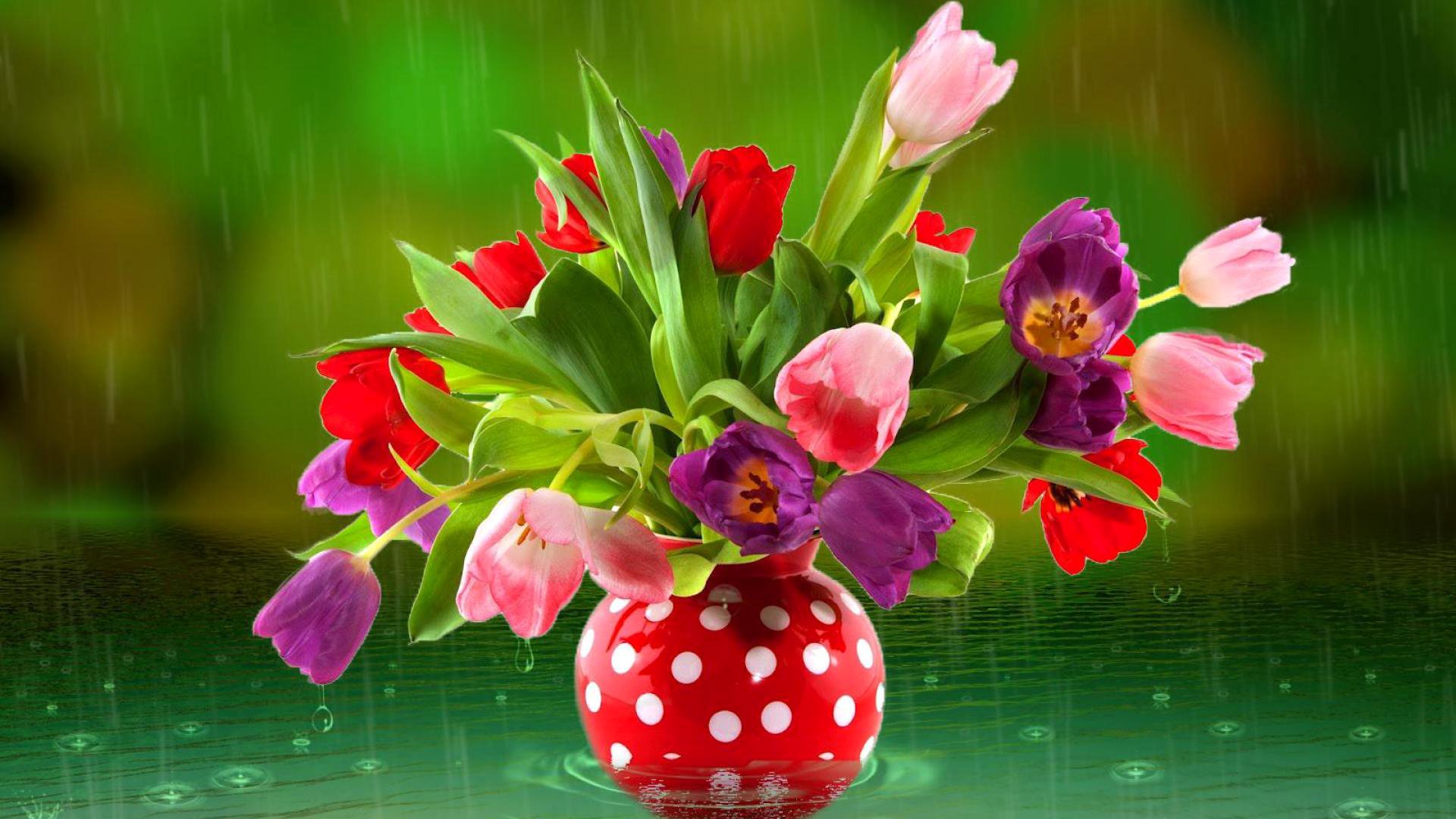 vase bouquet tulips rain drops water