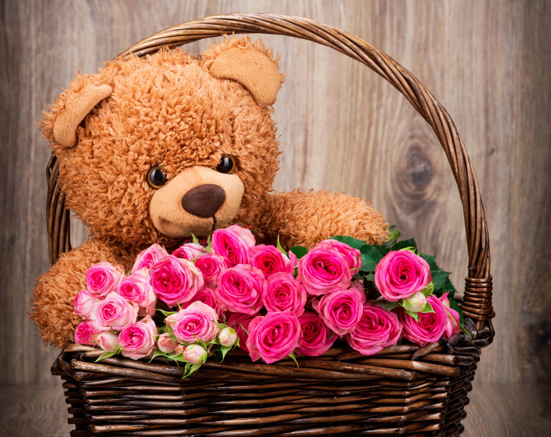 rosa rosas cesta flores peluche oso con amor romántico ramo de flores oso de peluche