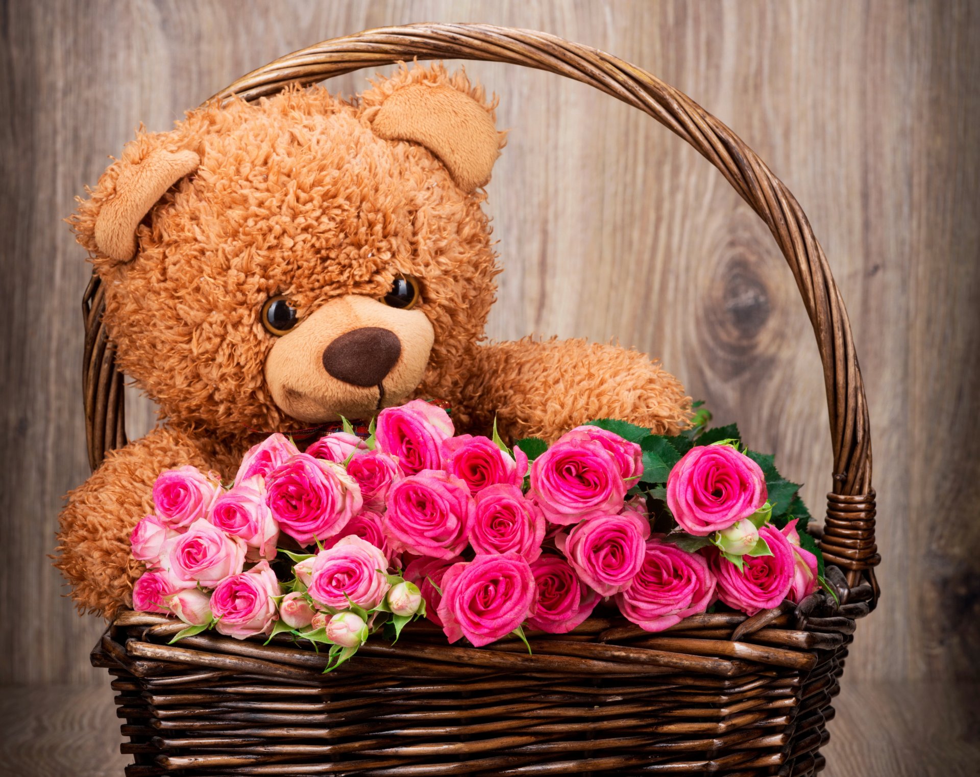 pink roses basket flowers teddy bear with love romantic bouquet teddy bear