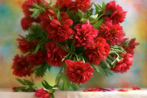 Stillleben mit roten Blumen in einer Vase
