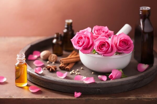Still life of pink roses for spa