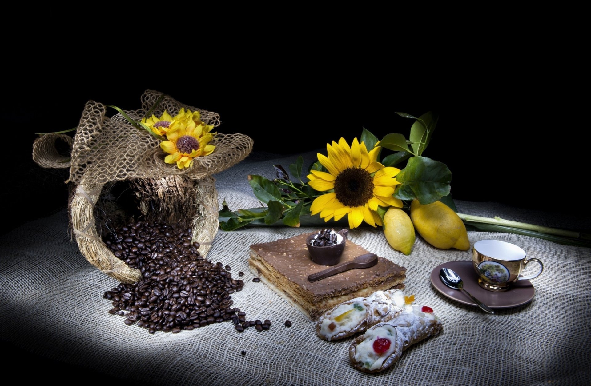 flowers sunflowers beans coffee bag cake cup cannoli dessert cream