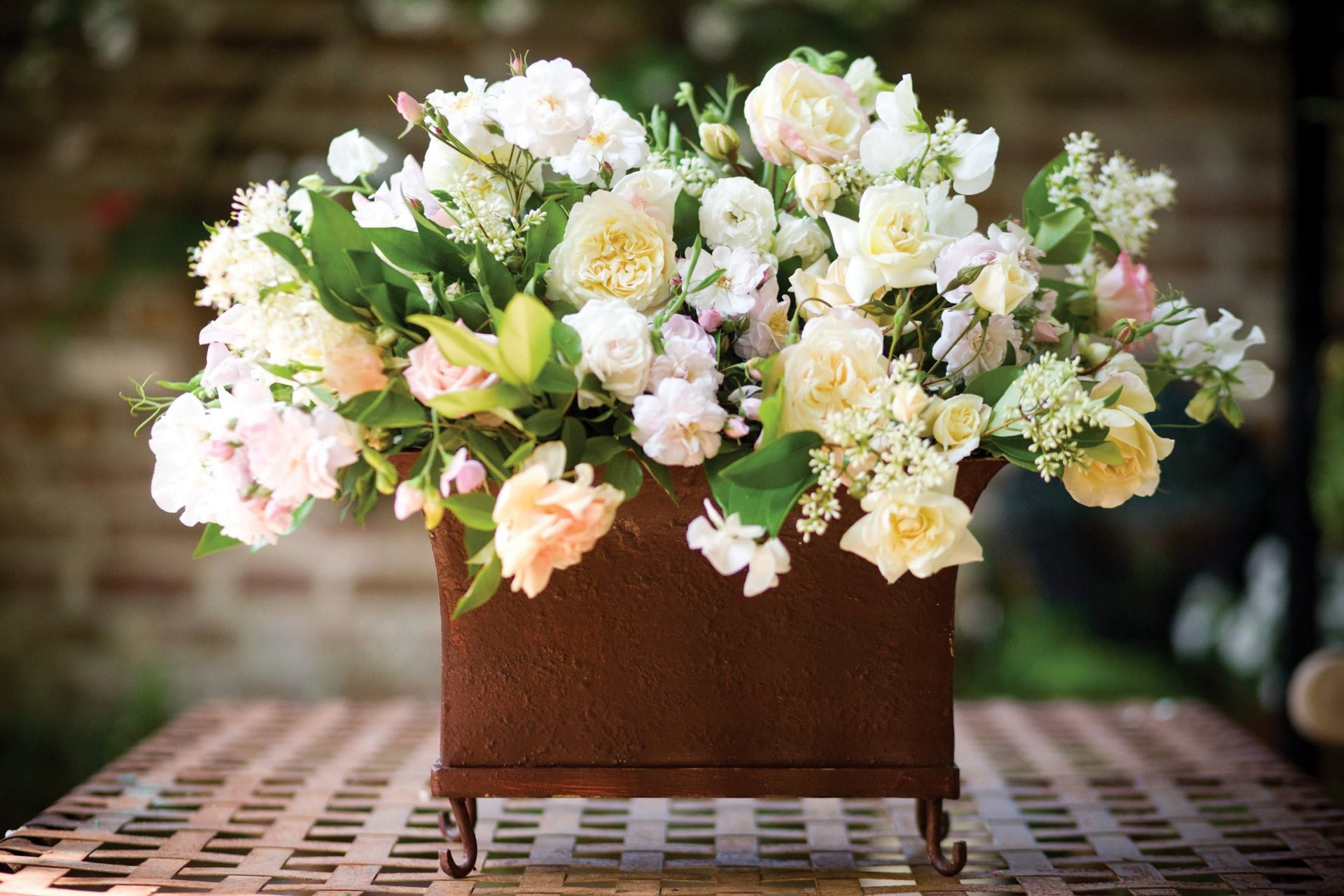 roses white bouquet vase table blur