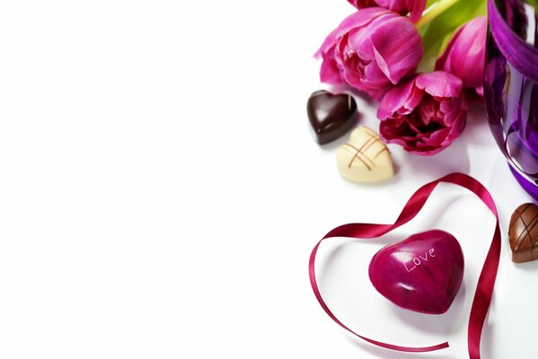 Chocolate love with tulips in a bouquet