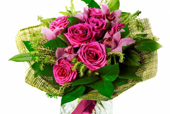 Bouquet of pink roses in a package