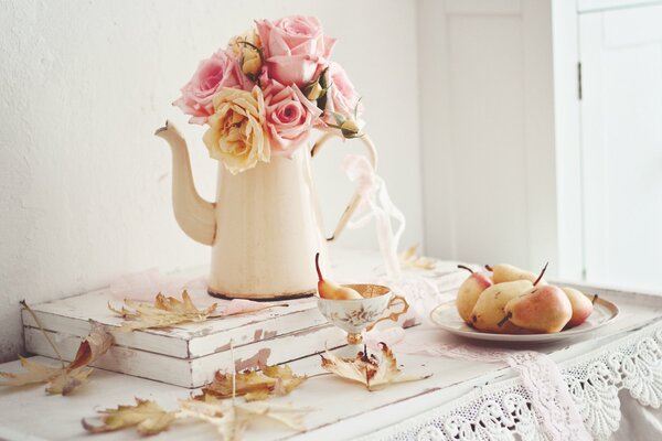 Still life, coffee pot, bouquet of roses, pears on a plate, autumn, maple leaves