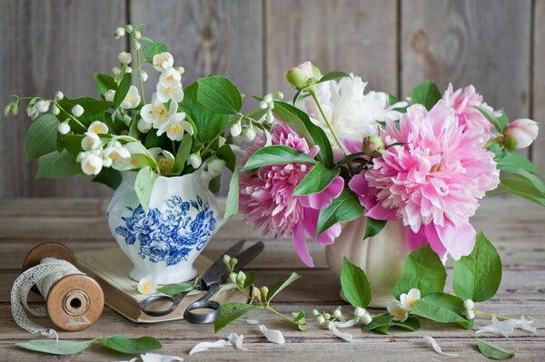 Jasmine and peony in vases